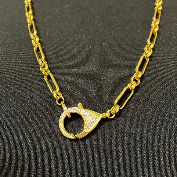 NEW 18k Real Gold Plated Paper Clip 25 inch Chain Large Cubic Zirconia Clasp - Picture 5 of 14